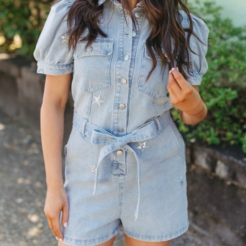 Light Blue Denim Jumpsuit with Star Accents